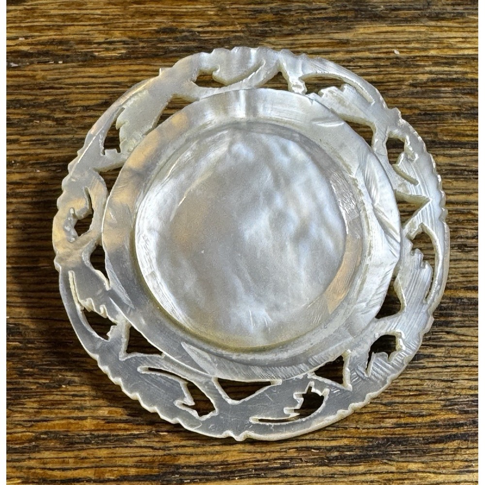 Vintage Hand Carved in Bethlehem Mother of Pearl Round Brooch Feminine Pin Fairy